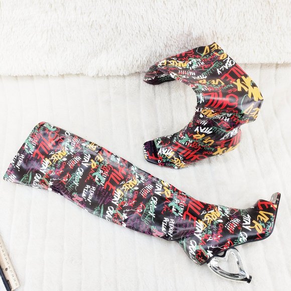 Zen Love Colorful Graffiti Print Over The Knee Boots With Wedge Heart heels - Picture 6 of 16